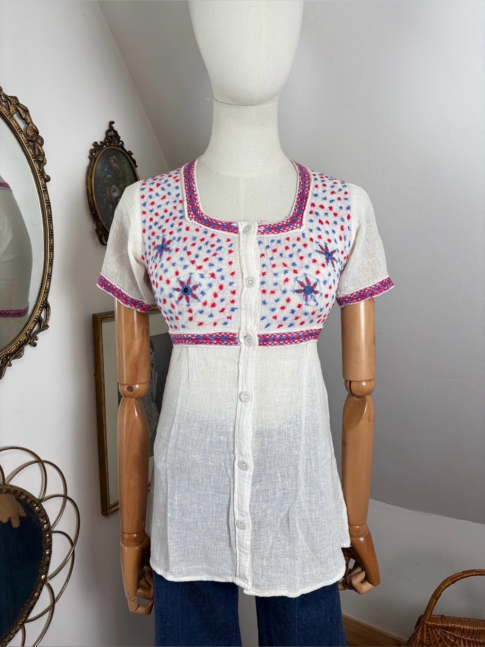 Vintage 70s  Indian Cotton Cheesecloth Gauze Tunic Top XS